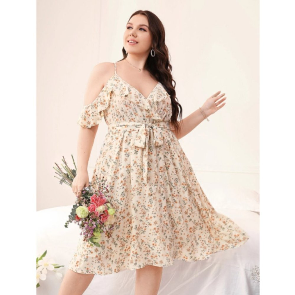 SHEIN Curve Floral Cold Shoulder Midi Dress 2X Belted
